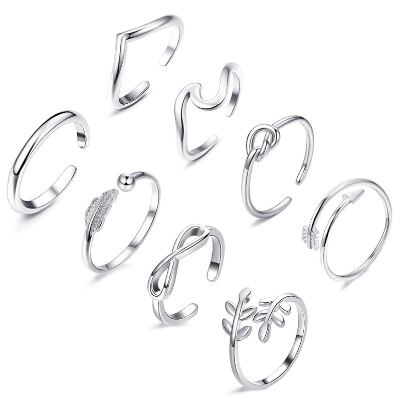 FUNEIA 8PCS Adjustable Rings for Women, Silver Stackable Knuckle Rings for Women, Arrow Knot Wave Open Stacking Dainty Thumb Rings Set - Image 1